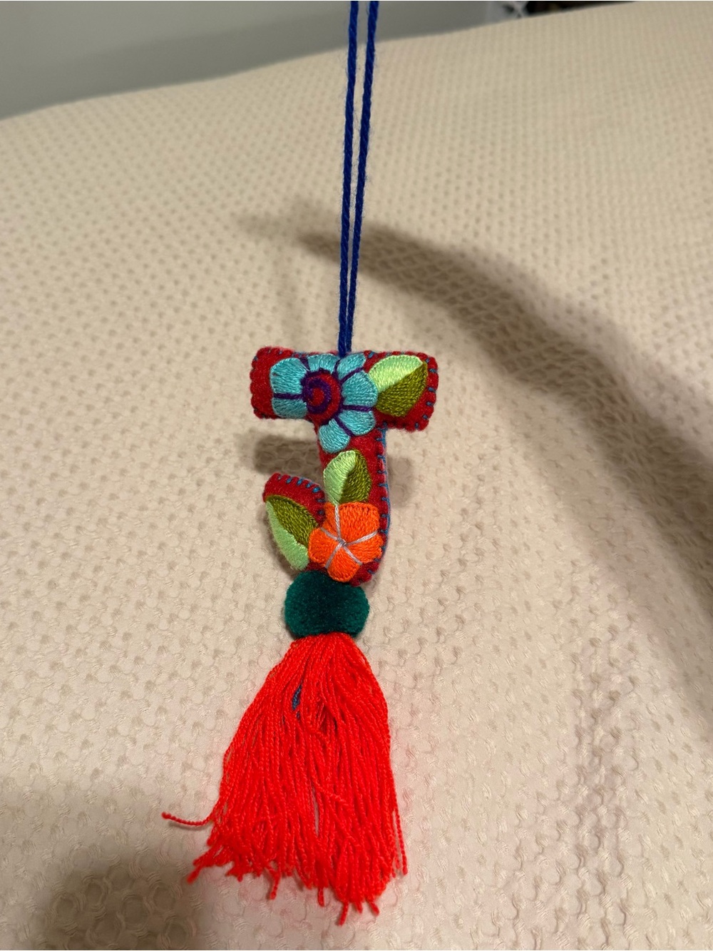 Handmade Red Embroidered Floral “J” bag Charm